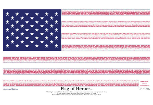 Flag featuring the names of all the innocents killed on 9/11
