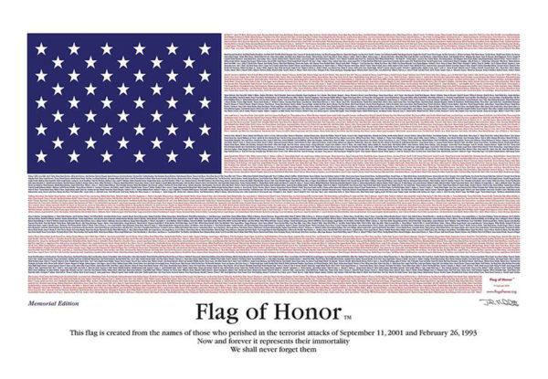 Flag featuring the name of all those killed on 9/11