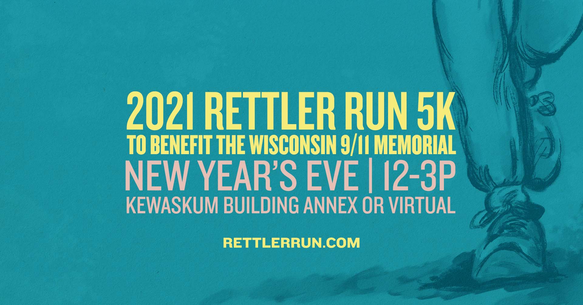 Rettler Run 5k banner showing details of the run and illustrated feet running