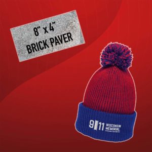 8x4" brick paver and a red and blue pom pom hat