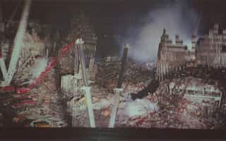 A wide-angle image of the destroyed buildings on September 11th, 2001.