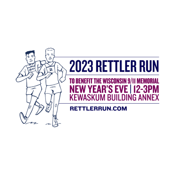 Rettler Run 2023 graphic with a cartoon of Pete Rettler and Jack Rettler running