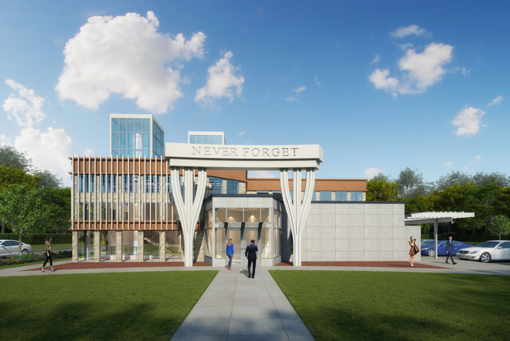 Daytime rendering of the museum’s main entrance with “NEVER FORGET” prominently displayed above tall white support columns. The building blends glass, stone, and steel with a modern yet respectful design.