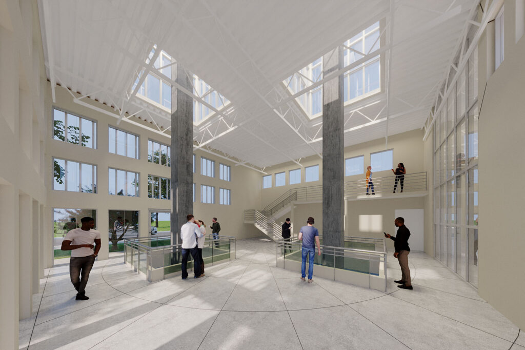 Interior rendering of the future Wisconsin 9/11 Memorial Museum featuring tall ceilings, large windows, and two central concrete columns representing the Twin Towers. Visitors are shown viewing exhibits in a bright, open space.